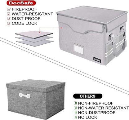 DocSafe File Box Fireproof Document Box with Lock, File Storage Organizer Box with Pockets,Collapsible Portable File Box Home Office File Cabinet with Handle for Hanging Letter/Legal Folder,Silver