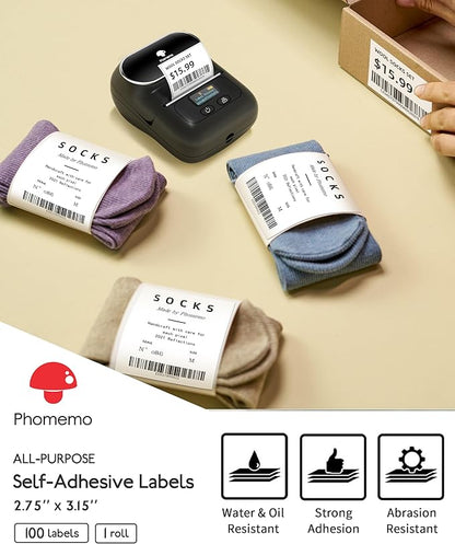 [100 pcs] Phomemo Labels for M220 M221 M250 M260 M200, 2.75''x3.15''(70x80mm), Original, Square,White,100 Labels/Roll, Self-Adhesive Thermal, for Clothing, Logo, Ingredient, Barcode, Address