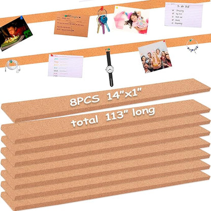 8 Pack Small Bulletin Strip Cork Strip Cork Board Tiles Bulletin Bar Strips for Walls, Adhesive Pin Board for Classroom Memo Office Home Kitchen School Desk, 14"x1"-10mm Thick