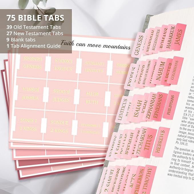 Bible Tabs for Women & Men, Laminated Bible Tabs for Study Bible, Large Print Bible Tabs for Easy Navigation, Bible Index Tabs, 66 Tabs Old & New Testament, Extra 9 Blank Tabs - Blush