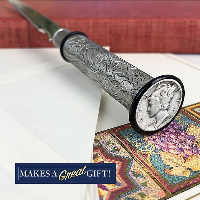 American Coin Treasures Coin Letter Opener Mercury Dime- Antiqued Silvertone Brass Handle-Genuine United States Coin