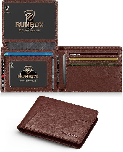 RUNBOX Wallet for Men Slim Rfid Leather 2 ID Window With Gift Box