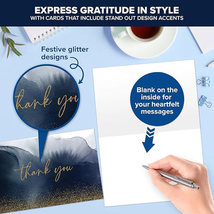 Decorably 24 Pack Glittery 6x4in Blue and Gold Thank You Cards with Envelopes and Stickers, 24 Elegant Designs Navy Blue Thank You Cards, Blank Inside - Birthday, Wedding, Anniversary