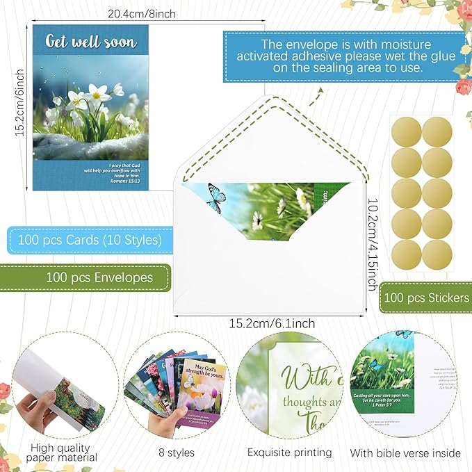 100 Pack Religious Get Well Soon Card Bulk Set with Envelopes Stickers 10 Floral Landscape Designs Assortment Christian Get Well Soon Greeting Cards with Scripture Inspirational Blessing 4 x 6