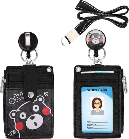 Cute ID Badge Holder Retractable Lanyard Reel Clip with Heavy Duty Carabiner, 5 Card Slots in 2 Sided with Key Ring and Zipper for Women Students Teens Girls Office Staff (Black OK Bear)