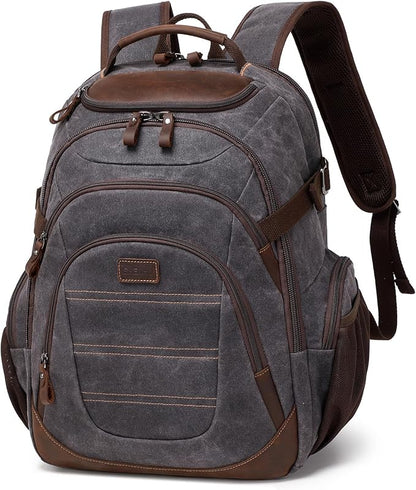 Travel Laptop Backpack 17.3 inch XL Computer Backpack for Men Waxed Canvas College Daypack Business Backpack Black Gray