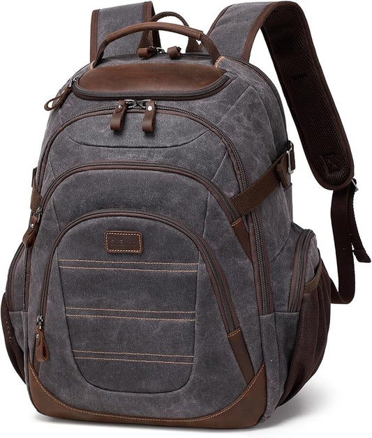 Travel Laptop Backpack 17.3 inch XL Computer Backpack for Men Waxed Canvas College Daypack Business Backpack Black Gray