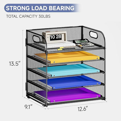 5 Tier Paper Organizer with Handle, Metal Mesh Desk Organizer File Folder Organizer Paper Letter Tray Desktop Document Sorter for Classroom, School, Office Organization and Storage - Black