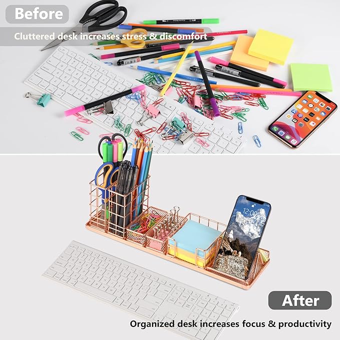 Rose Gold Desk Organizer, Office Desk Accessories with Pen Holder for desk, Desktop Organization with Phone Holder, Sticky Note Tray, Paperclip Storage and Caddy for Office Home School
