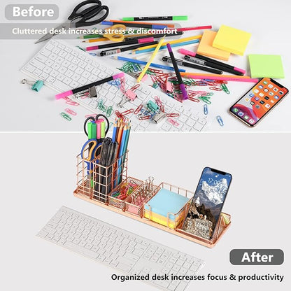 Rose Gold Desk Organizer, Office Desk Accessories with Pen Holder for desk, Desktop Organization with Phone Holder, Sticky Note Tray, Paperclip Storage and Caddy for Office Home School