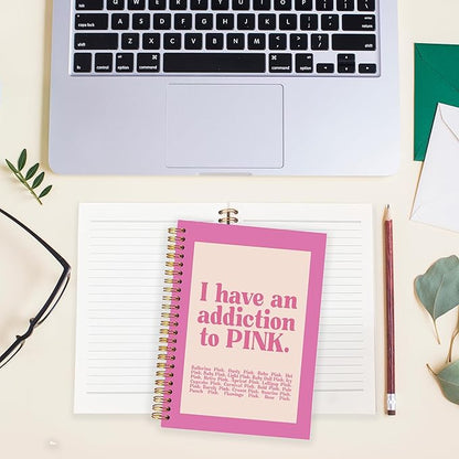 BearCake Preppy Pink Notebook, Pink Journal, Pink Office Supplies, Pink Aesthetic Notebooks, I Have an Addiction to Pink Hardcover Spiral Notebook 5.5x8.3, Pink Desk Accessories for Women Office