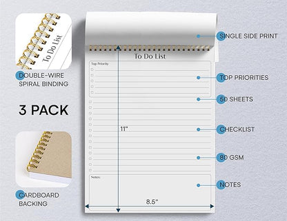 Better Office Products To Do List Notepad, 8.5" x 11", Planning Note Pad, 50 Sheets, Double Wire Spiral, Daily Agenda Productivity Checklist Organizer,(3 Pack)