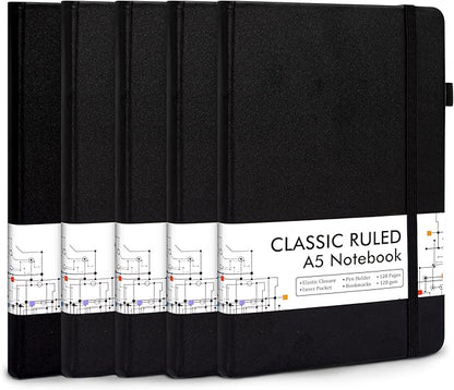 5 Pack Journal Notebook Bulk for School, Feela Hardcover Business Notebooks Classic Ruled Lined Journals with Pen Holder for Work Note Taking, with 5 Black Pens, 120 GSM, 5.1”x8.3”, A5, Black