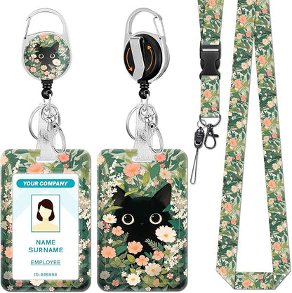 Lanyards for Id Badges, Cat Flower Floral Badge Holder with Retractable Reel Clip, Cute Work Name Tags Keychain Lanyard ID Card Protector Cover Case for Women Teacher Nurse Doctor Office
