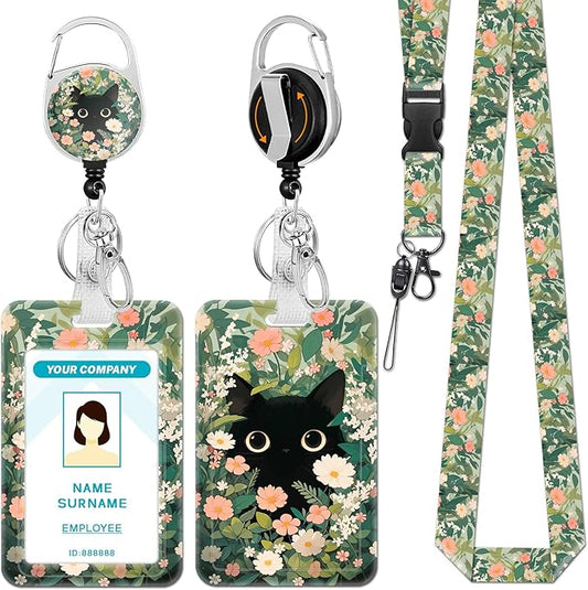 Lanyards for Id Badges, Cat Flower Floral Badge Holder with Retractable Reel Clip, Cute Work Name Tags Keychain Lanyard ID Card Protector Cover Case for Women Teacher Nurse Doctor Office