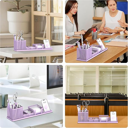 SUPEASY Pen Holder for Desk, 6 Piece Mesh Desk Organizer set, Desk Accessories for Office Organization with Mail Organizer, Letter Phone Holder, Sticky Notes Caddy Storage, Purple