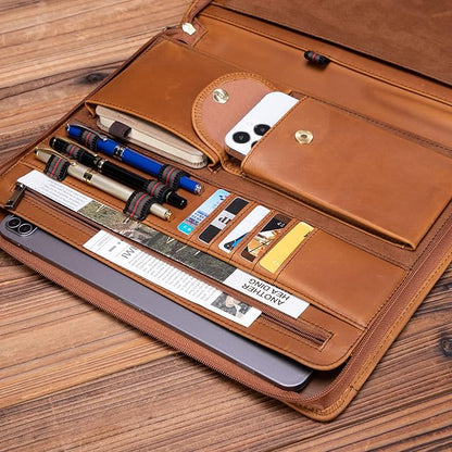 Handmade Crazy-Horse Leather Padfolio Portfolio, Easy to Carry with A Zippered Closure, Business Organizer Tablet Folio Folder with Letter Size Notepad, Gift for Women & Men (Brown, Custom)