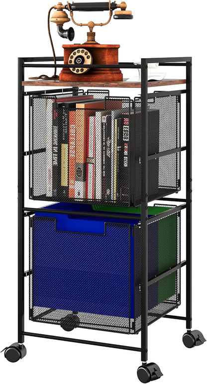 EasyPAG Rolling File Cart Metal File Organizer Storage Cart 2 File Drawers Mobile File Cart with Removable Drawers with 4 Swivel Casters Rolling Wheels Cart, Black