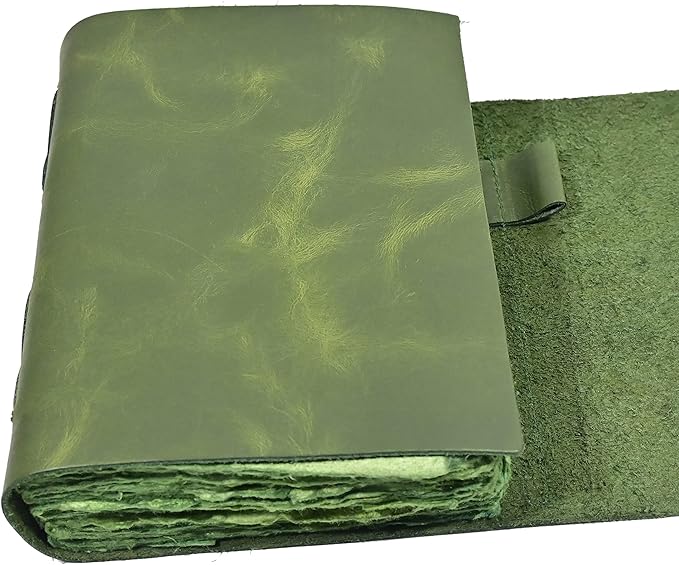 Vintage Green Leather Journal - 200 Pages Deckle Edge Rustic Paper, Unlined Pages Book of Shadows, Grimoire, Junk Notebook, Fantasy Medieval Gifts, Sketchbook, Scrapbook (Earthy Green, 12"x9")