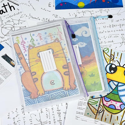 AUSTARK Plastic Mesh Zipper Pouch, 12 Pcs Zipper File Bags with Label Pocket, Game Boards Storage Bags, Waterproof Document Storage Bags for Office Home Travel Cosmetic (A4 Size 13.4 x 9.4 in)