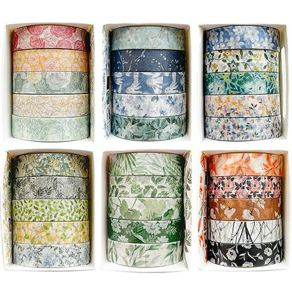 YUBX Flowers Washi Tape Set 30 Rolls Floral Patterns Decorative Skinny Slim Masking Tapes for Arts, DIY Crafts, Journals, Planners, Scrapbook, Wrapping (Greens Thrive)
