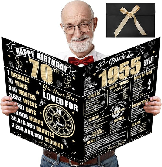 Large 70th Birthday Card With Envelope for Men Women, 1955 Black Gold Happy 70th Birthday Giant Guest Signature Book Gifts, Big Vintage 1955 70th Greeting Card Decoration Party Supplies