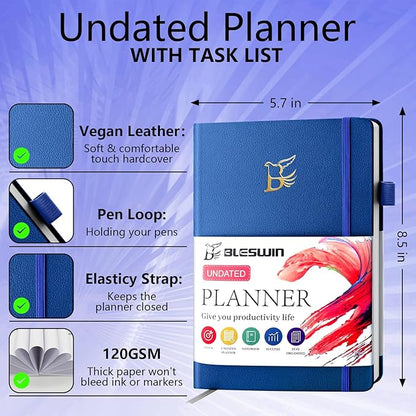 Leather Planner Monthly & Weekly 5.7"x8.5", Undated Productivity & Business Planner, Academic Planner to Boost Productivity, Undated School Planner Notebooks for Women Men with Note Pages