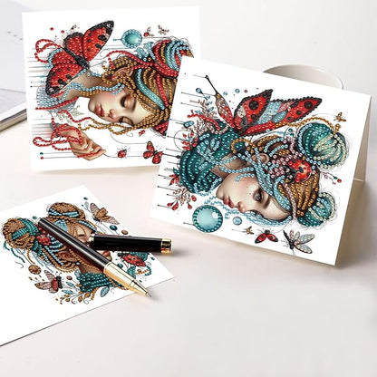 Tontut 6pcs Diamond Art Painting Kit Greeting Card, Temperament Butterfly Lady 5D DIY Diamond Handmade Holiday Sparkling Greeting Card with Envelope, Holiday Gift Congratulation