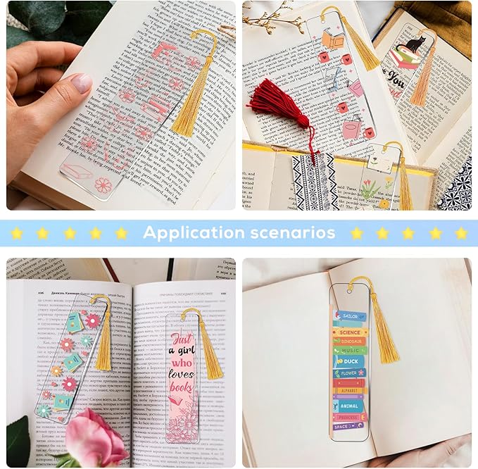 Luvsweeets UV DTF Bookmark Stickers - 16 Sheets Book Lover UV DTF Decals for Acrylic Bookmarks Waterproof Bookish Rub on Transfer Stickers UVDTF Wraps for DIY Blank Bookmarks Teacher Gifts