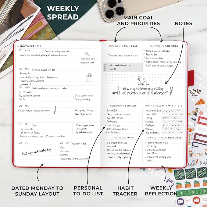 Clever Fox Dated Planner Premium Edition – 2025-2026 Weekly Planner for Planning, Goal Setting & Time Management – Planner Notebook with Habit Tracker & to-do List – A5 Size (Red)