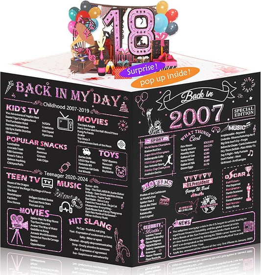 18th Birthday Card for Girls Her, Jumbo 3D Pop Up Sweet 18th Birthday Gifts Cards, Back In 2007 Happy 18 Year Old Birthday Decorations Cards Card for Daughter Granddaughter, Rose Gold