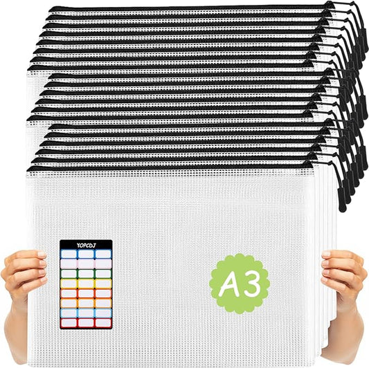 20pcs Mesh Zipper Pouch, A3 17x12 Inches Large Reusable Zipper Pouches for Organizing Classroom and Storage, Extra Large Zipper Bags, Board Game Storage, Puzzle Bags