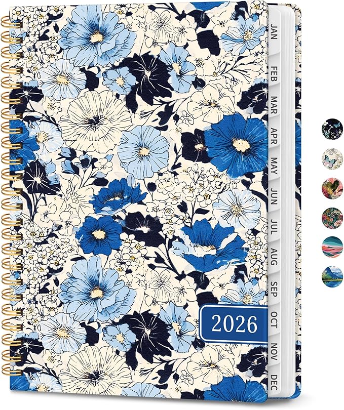 2026 Planner, Weekly and Monthly Planner for Women, January 2026 to December 2026, Pretty Hardcover 2026 Calendar Planner Book with Tabs, Inner Pocket, Spiral Bound, Perfect Office Home School Supplies - 6.3" x 8.5", Azure Garden