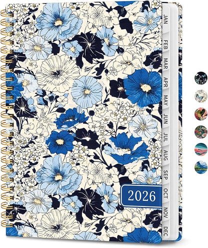 2026 Planner, Weekly and Monthly Planner for Women, January 2026 to December 2026, Pretty Hardcover 2026 Calendar Planner Book with Tabs, Inner Pocket, Spiral Bound, Perfect Office Home School Supplies - 6.3" x 8.5", Azure Garden