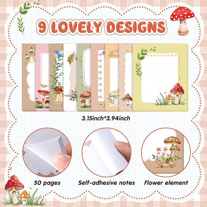 Sabary 9 Pads Sticky Notes 3.15 x 3.94 Inches Cute Self Sticky Note Pads Colored Adhesive Notepad for Memo Reminder Journal Studying Office Home Gift (Mushroom)