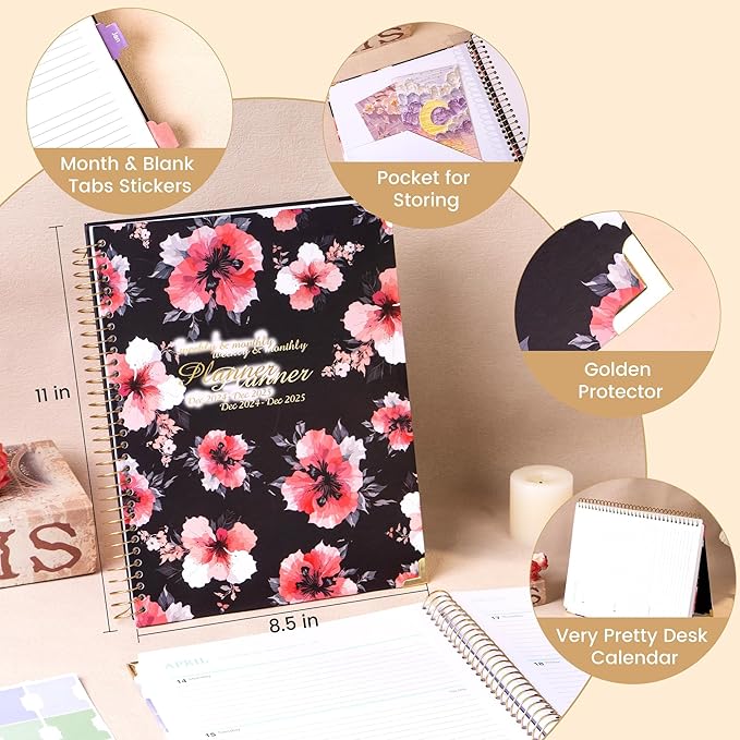 Yoment 2025 Planner Weekly and Monthly 8.5"x11" Hardcover 2025 Planner Dec 2024-Dec 2025 with 13 Month Tabs，Spiral Bound 2025 Calendar Monthly Planner for Women with Stickers Yearly Agenda，Black