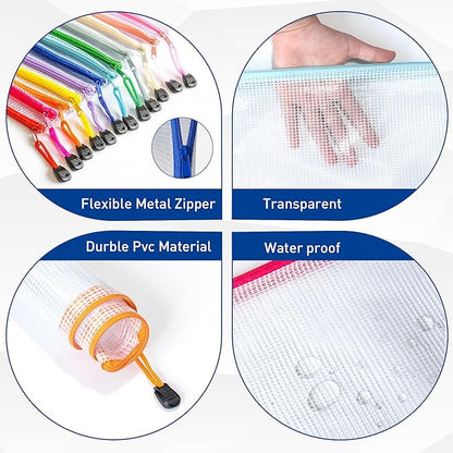 24pcs Clear Zipper Pouches, A4 Zipper Bag, 12 Colors Letter Size Organizer Bags, Plastic Mesh Zipper Pouch, Toy Bags for Storage, Zip Bags for Classroom, Home Organization, Teacher Supplies
