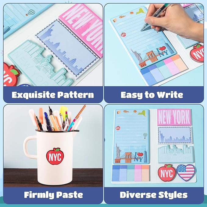 B1ykin Sticky Notes Set - Cartoon Theme Cute Self-Stick Notes Pad Teacher Appreciation Gifts， Self-Adhesive Writing Memo Pages Sticky to Do Notepad for Kids Employee School Office (New York City)