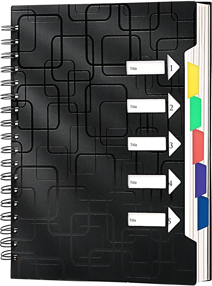 CAGIE 5 Subject Notebook for Work 240 Pages Spiral Notebooks College Ruled with Dividers Tabs A5 Small Note Book for School Office Supplies Note Taking, 5x7, Black