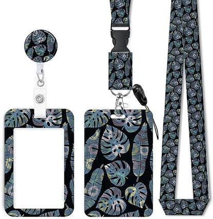 ID Badge Holder with Retractable Lanyard and Keychain, Badge Reel with Rotate Carabiner Clip,Yellow Blue Leaves Card Name Tag Lanyard ID Protector Bage Clips for Student, Women, Office