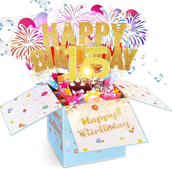 Tnvee 15TH Birthday Cards with Lights & Music & Candle, 3D Pop Up Singing Happy Birthday Greeting Cards Gfits for 15 Years Old Girl Boy Son Daughter