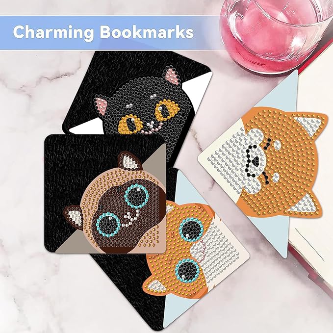 Diamond Art Bookmark Shape Rhinestone Bookmark Crystal DIY Diamond Drawing Bookmark Diamond Art by Number Embroidery Painting Bookmark for Arts Crafts Gift (Cats&Dogs 8)
