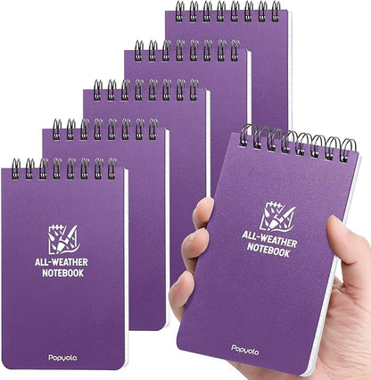 POPYOLA 6 Pack Waterproof Pocket Notebook, 3x5 Pocket Notepad, All Weather Mini Spiral Notepad, Write in the Rain Police Notepad with 100 Squared Pages for Outdoor Home Office School, Purple