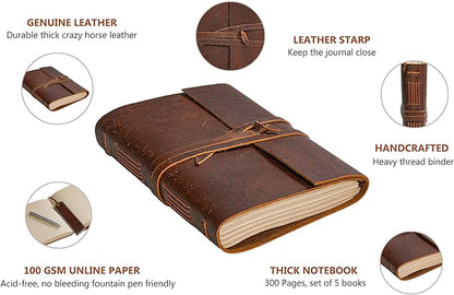 Leather Notebook - Rustic Handmade Vintage Leather Bound Journals for Men and Women - Leather Craft Unlined Paper 300 Pages, Leather Book Diary Pocket Notebook, Diary to Write in (7.5" x 10" Inch)