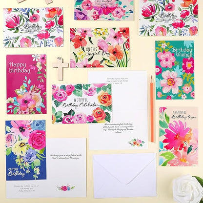 Zhanmai 80 Pack 4 x 6 Inch Religious Christian Birthday Cards Bulk with Scripture Assorted Bible Verse Designs Christian Blessings Birthday Cards with Envelopes (Watercolor Flower Style)