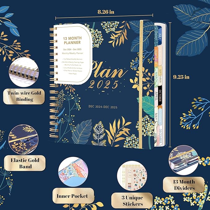 2025 Hardcover Planner Weekly and Monthly, Dec 2024–Dec 2025, Large Spiral Bound Planners 2025 for Women Gifts, 8.3" x 9.3",13 Month Calendar with 13 Tabs, 3 Sticker Sheets, Blue