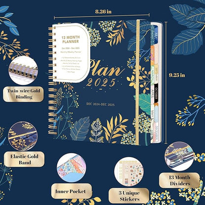2025 Hardcover Planner Weekly and Monthly, Dec 2024–Dec 2025, Large Spiral Bound Planners 2025 for Women Gifts, 8.3" x 9.3",13 Month Calendar with 13 Tabs, 3 Sticker Sheets, Blue