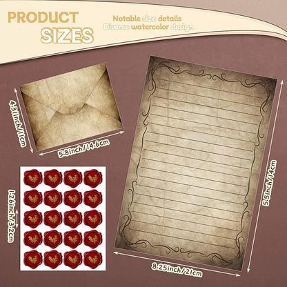 TaoBary 160 Packs Stationery Paper Set (50 Double Sided Stationery Writing Papers 50 Matching Envelopes) 60 Round Dot Sticker, 10 Design(Vintage,8.5 x 11 Inch)