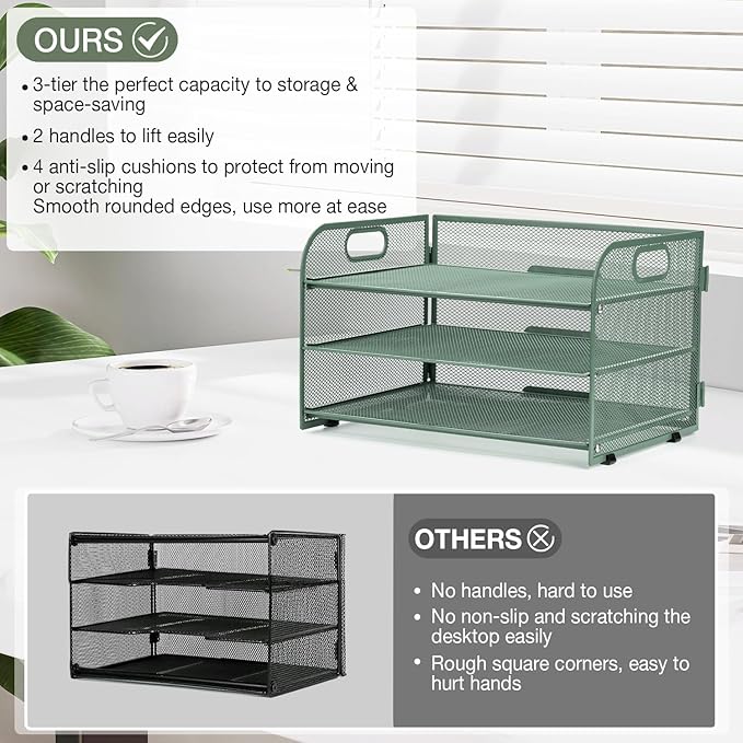 3-Tier Letter Tray Paper Organizer with Handle,Compact Mesh Desk File Organizer for Home Office Supplies Desktop Accessories,Green