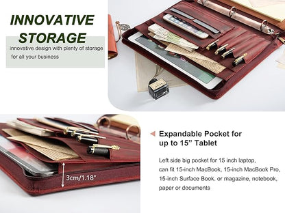 AZXCG Leather Portfolio Organizer, 3 Ring Binder Padfolio Folder, Resume Zippered Folio for A4/Letter Size Notepad, Business Binder Portfolio with Zipper for 13" Laptop, Gift for Women, Red